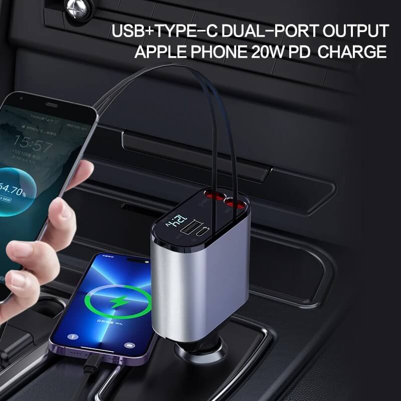 ⚡ AutoCharge Max 100W – Cargador Inteligente para Carro con 2 Cables Retráctiles y Puertos USB