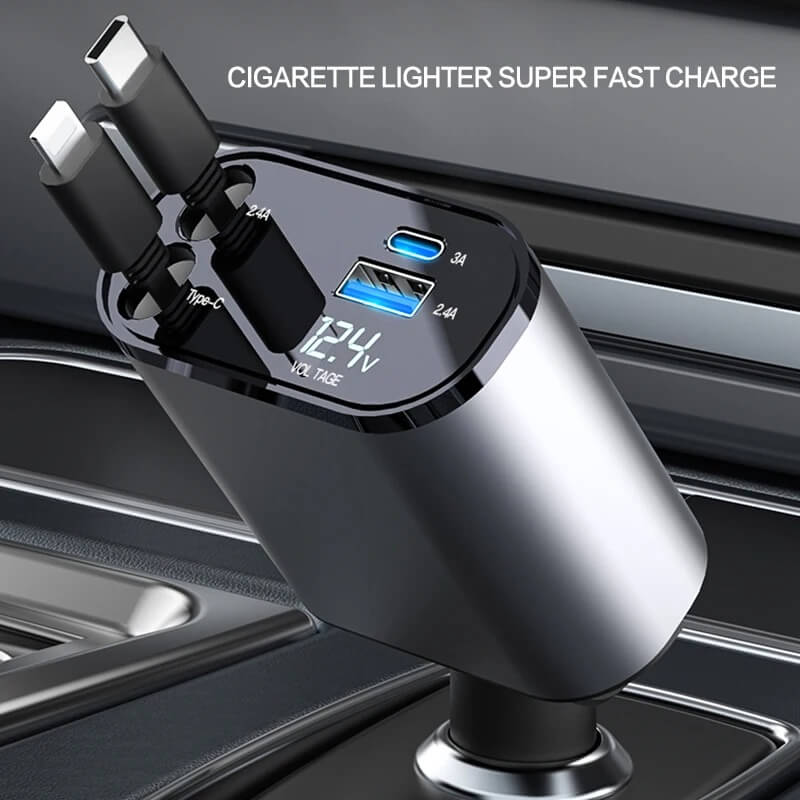 ⚡ AutoCharge Max 100W – Cargador Inteligente para Carro con 2 Cables Retráctiles y Puertos USB