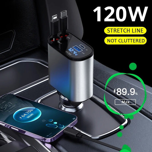 ⚡ AutoCharge Max 100W – Cargador Inteligente para Carro con 2 Cables Retráctiles y Puertos USB
