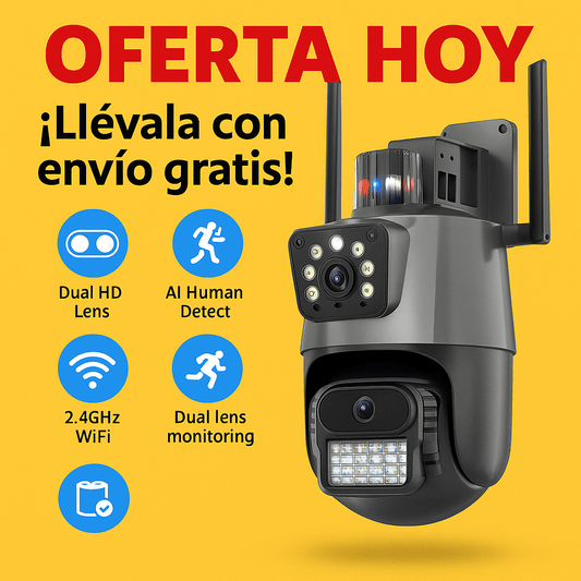 🔐 DualGuard™ Cam – Cámara de Seguridad Doble Lente con Sirena Inteligente