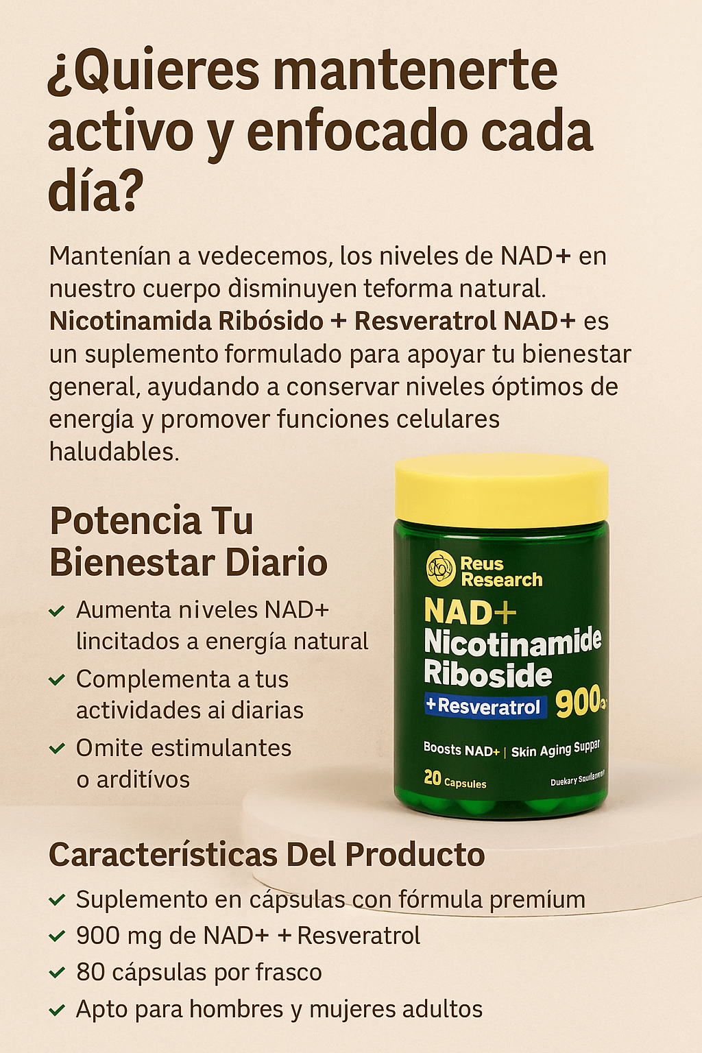 NAD+ & Resveratrol – Suplemento 900 mg Antienvejecimiento 80 cápsulas