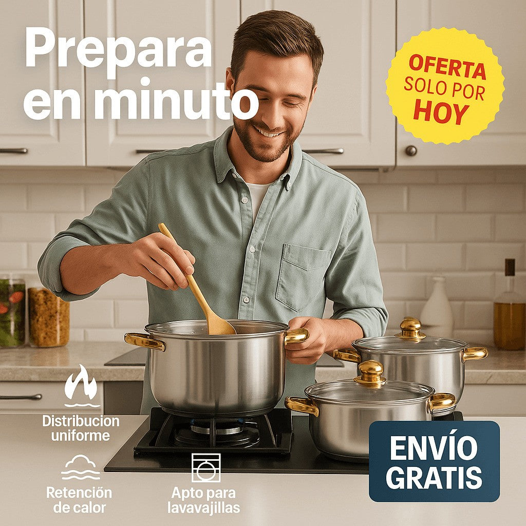 Set de 6 Ollas de Acero Inoxidable y Antiadherente
